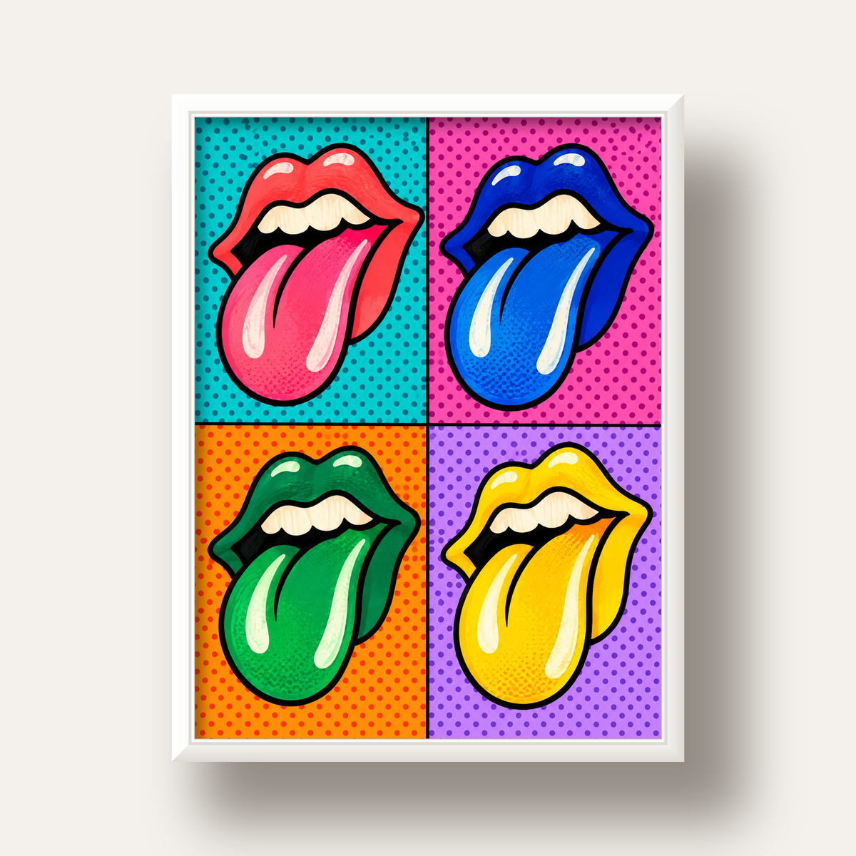 Pop Art Renkli Dudaklar Poster – Canlı ve Eğlenceli Duvar Dekoru — beyaz derin çerçeveli
