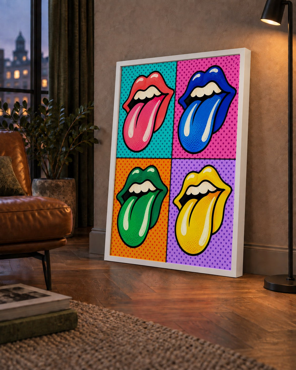 Pop Art Renkli Dudaklar Poster – Canlı ve Eğlenceli Duvar Dekoru — çerçeveli hâliyle bir ev duvarında