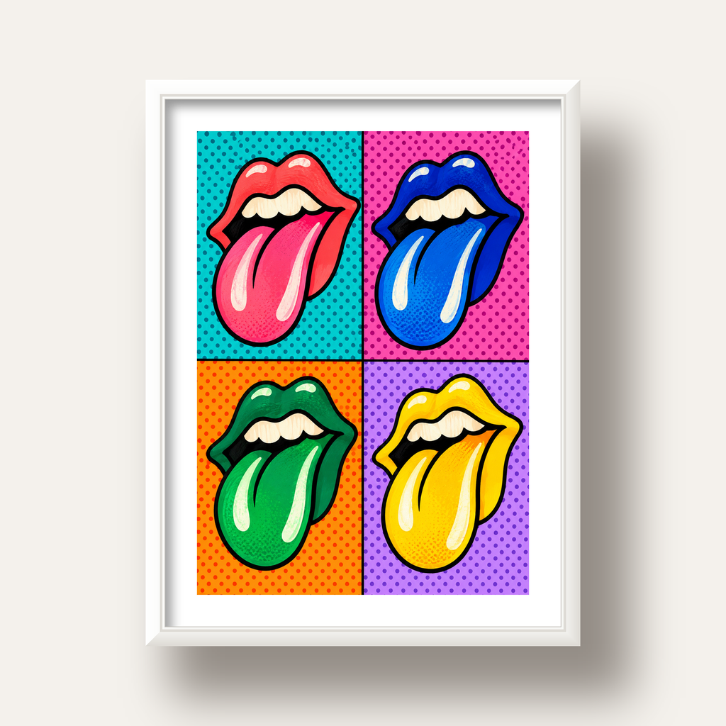 Pop Art Renkli Dudaklar Poster – Canlı ve Eğlenceli Duvar Dekoru — beyaz derin çerçeveli paspartulu