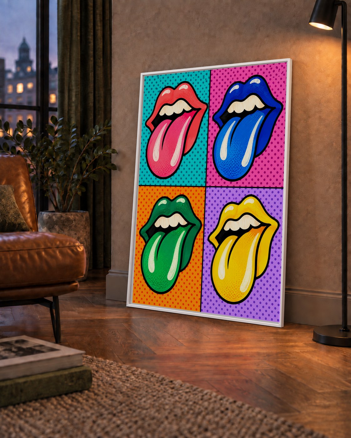 Pop Art Renkli Dudaklar Poster – Canlı ve Eğlenceli Duvar Dekoru — çerçeveli hâliyle bir ev duvarında