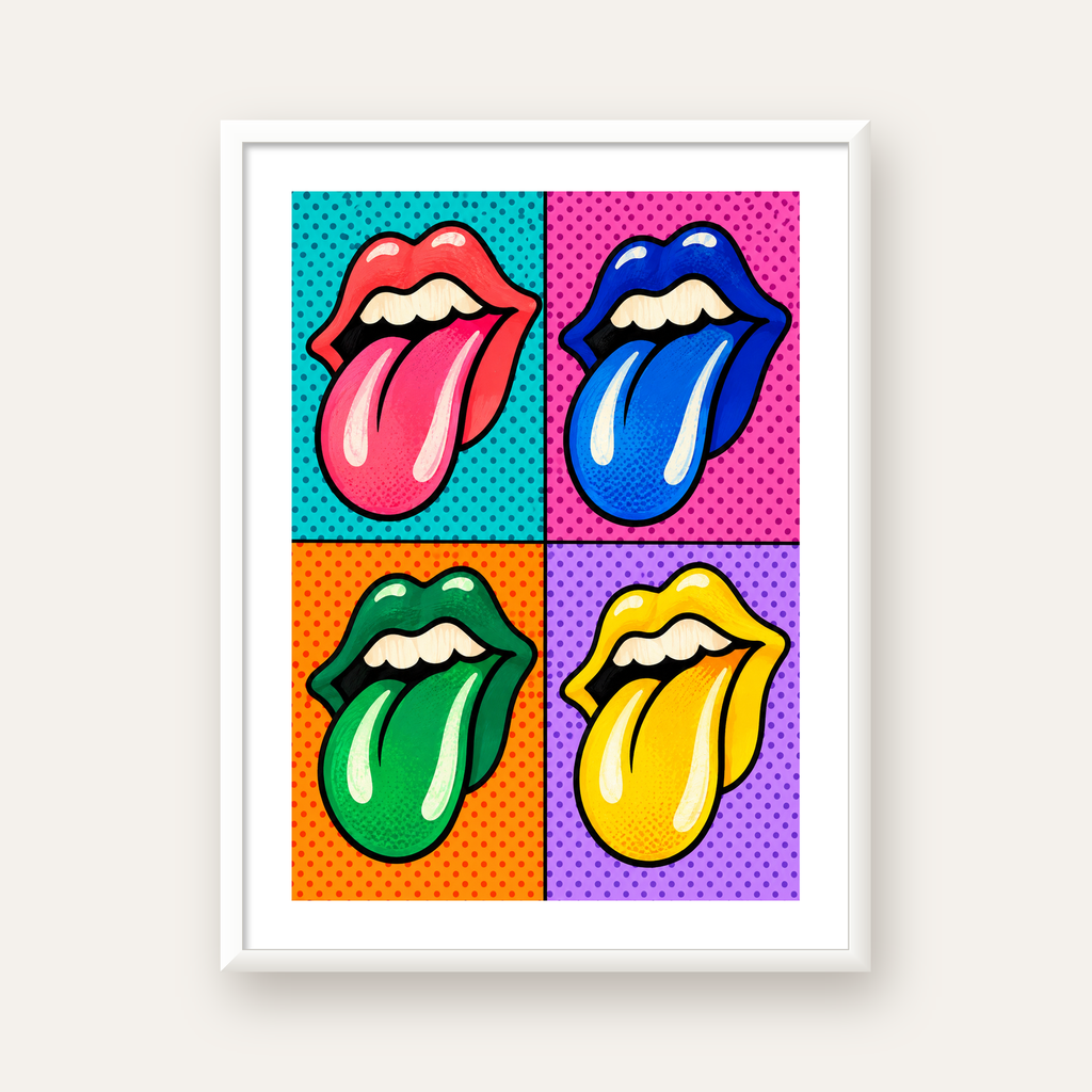 Pop Art Renkli Dudaklar Poster – Canlı ve Eğlenceli Duvar Dekoru — beyaz çerçeveli dikey poster