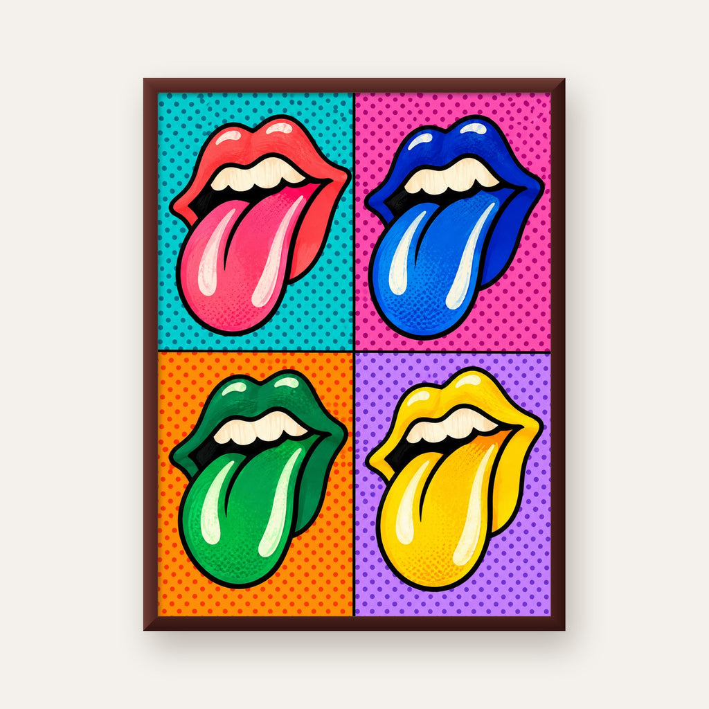 Pop Art Renkli Dudaklar Poster – Canlı ve Eğlenceli Duvar Dekoru — ceviz çerçeveli