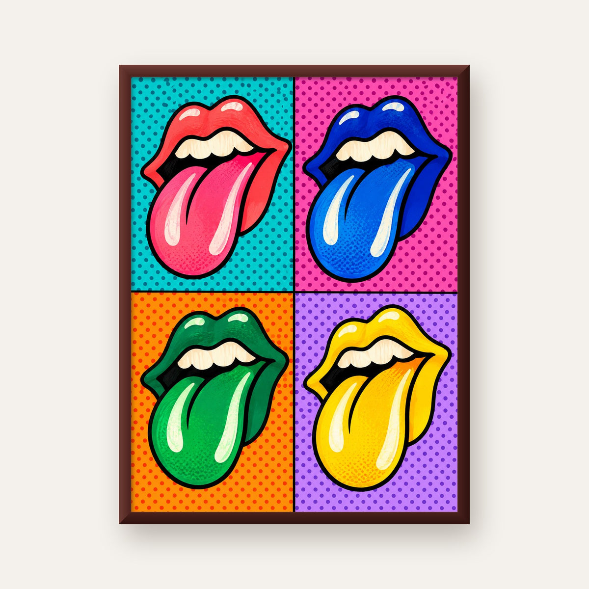 Pop Art Renkli Dudaklar Poster – Canlı ve Eğlenceli Duvar Dekoru — ceviz çerçeveli