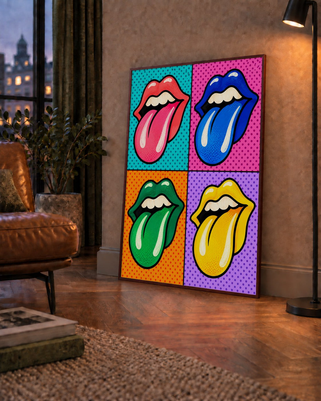 Pop Art Renkli Dudaklar Poster – Canlı ve Eğlenceli Duvar Dekoru — çerçeveli hâliyle bir ev duvarında