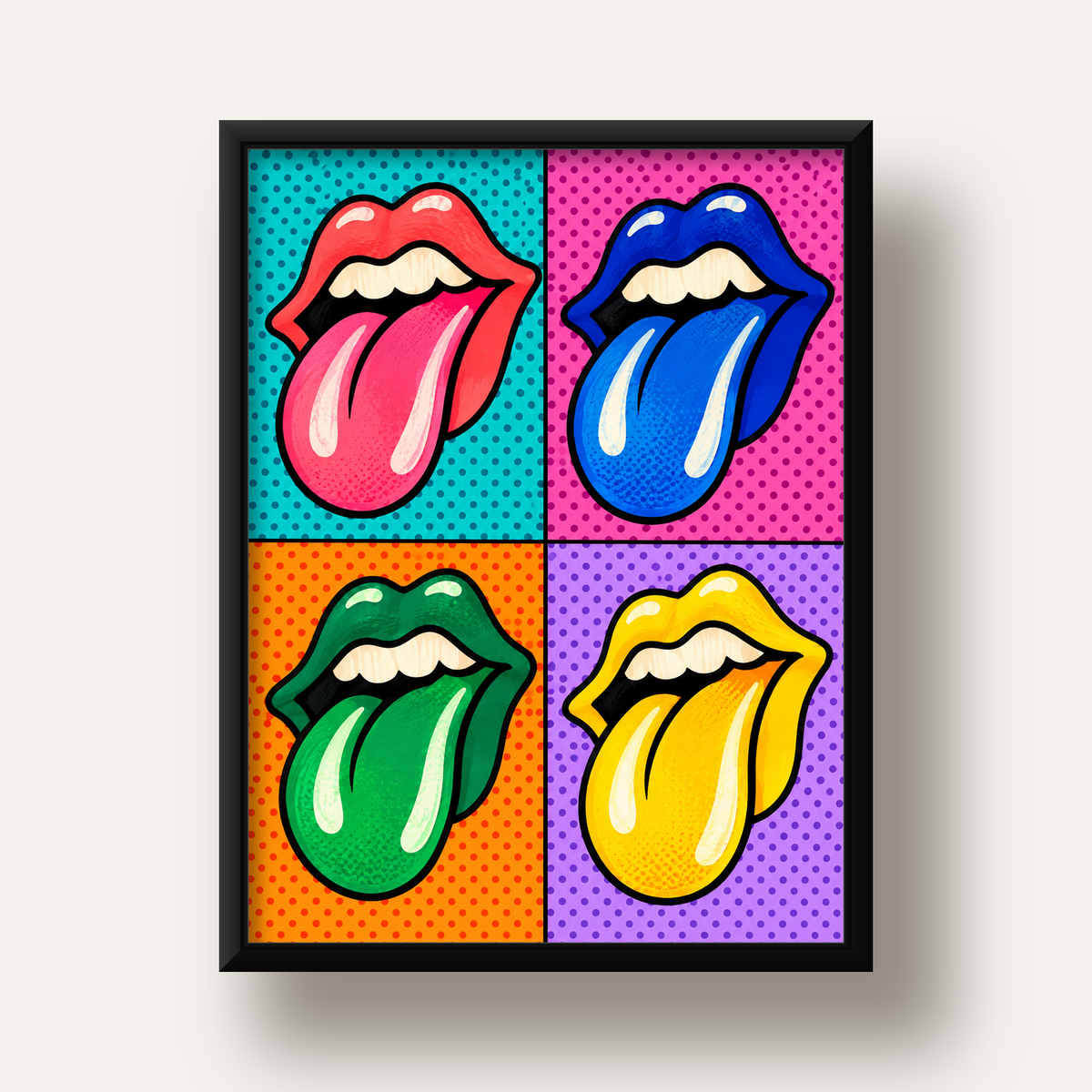 Pop Art Renkli Dudaklar Poster – Canlı ve Eğlenceli Duvar Dekoru — siyah derin çerçeveli
