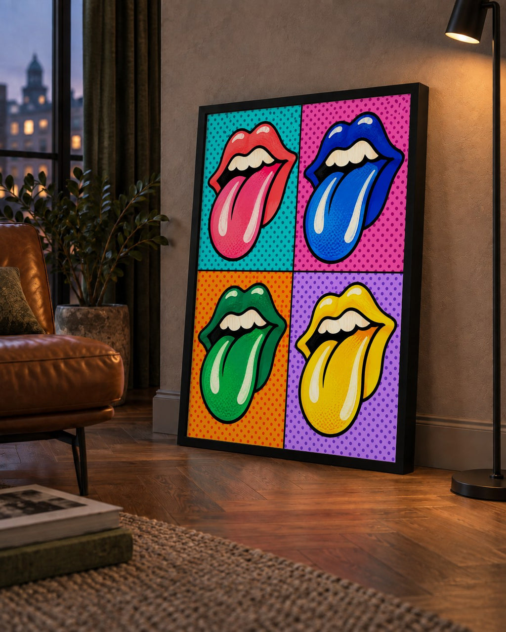 Pop Art Renkli Dudaklar Poster – Canlı ve Eğlenceli Duvar Dekoru — çerçeveli hâliyle bir ev duvarında