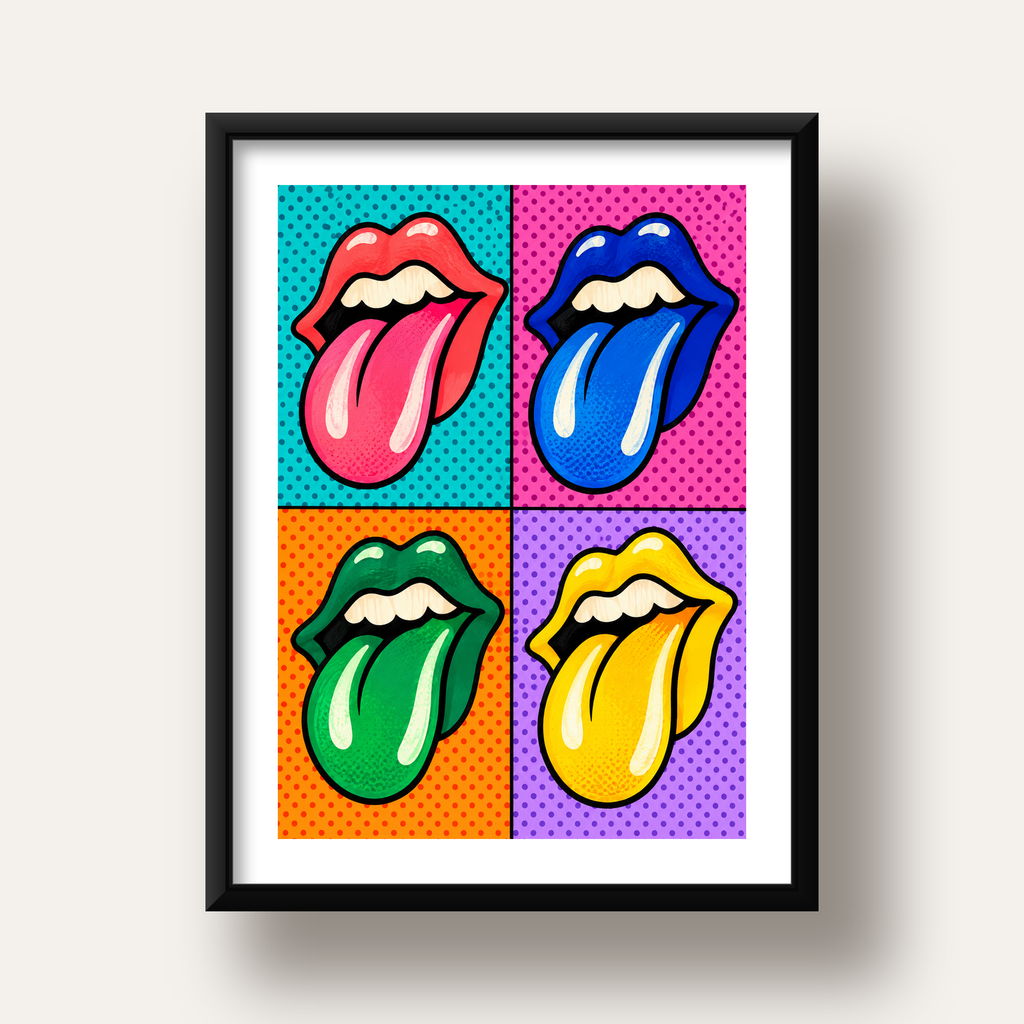 Pop Art Renkli Dudaklar Poster – Canlı ve Eğlenceli Duvar Dekoru — siyah derin çerçeveli paspartulu