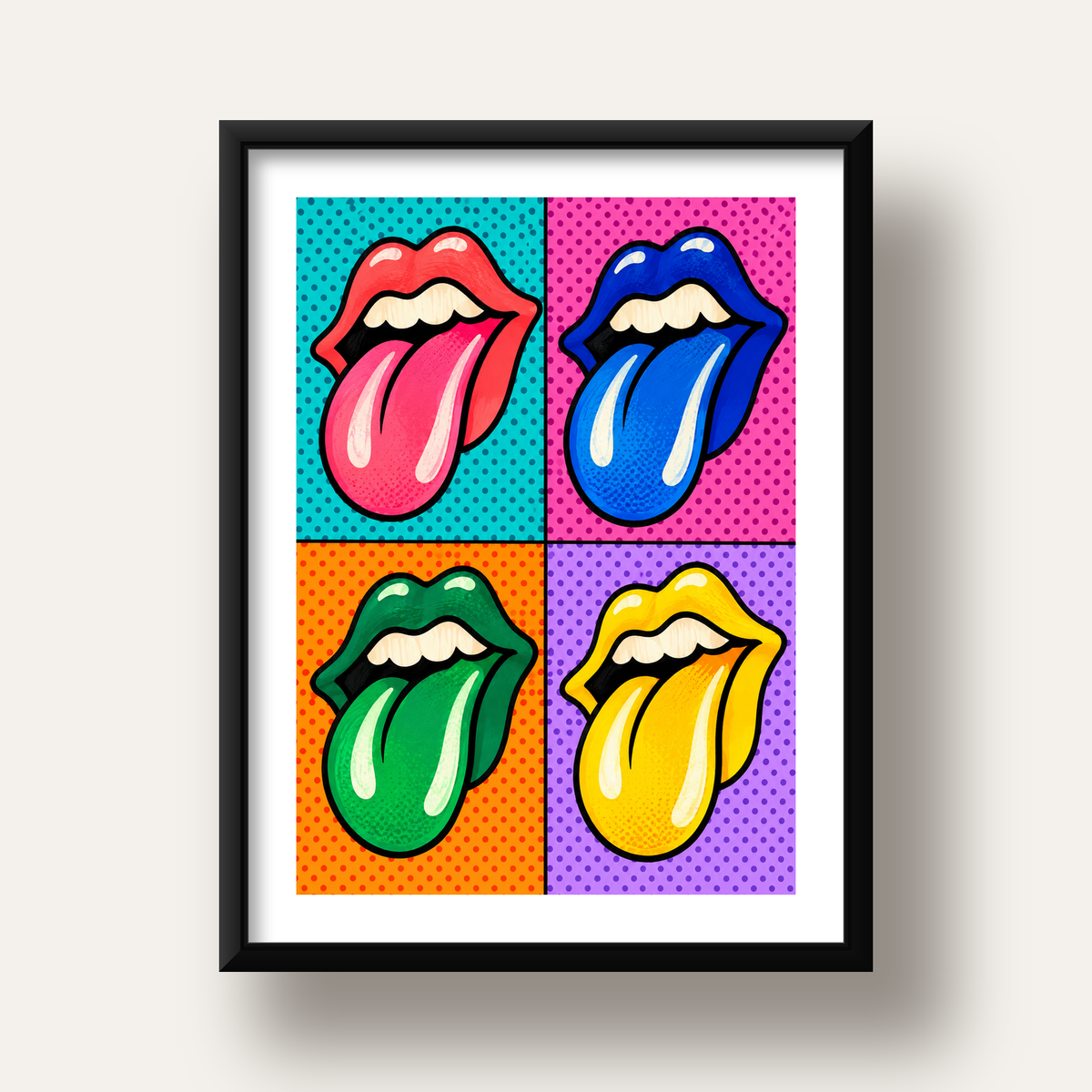 Pop Art Renkli Dudaklar Poster – Canlı ve Eğlenceli Duvar Dekoru — siyah derin çerçeveli paspartulu