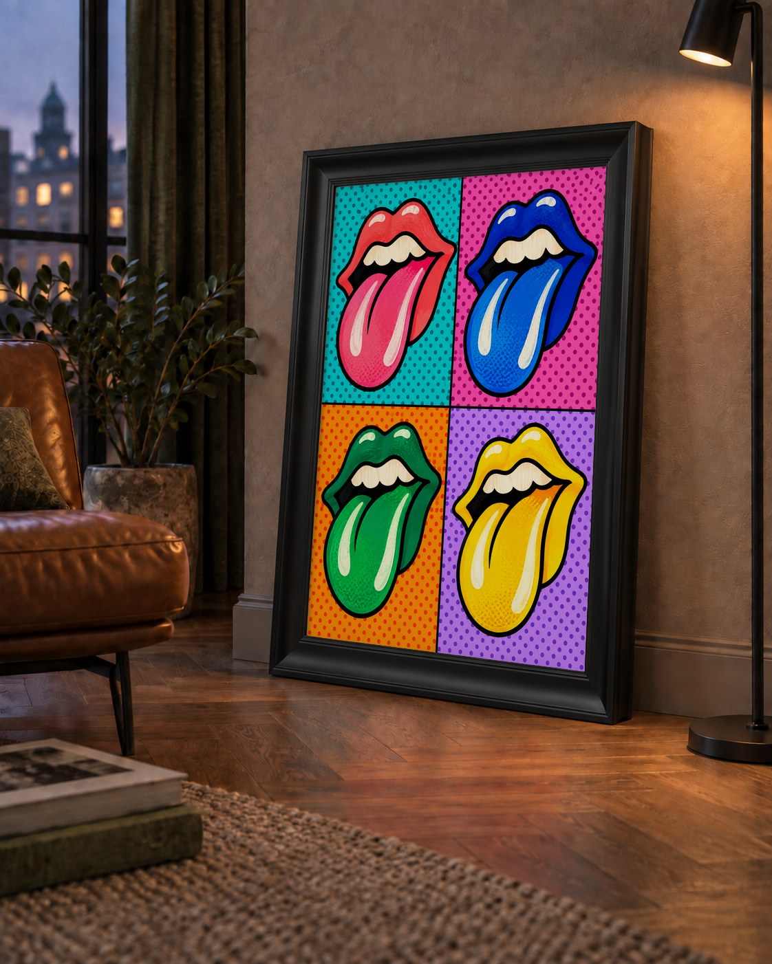 Pop Art Renkli Dudaklar Poster – Canlı ve Eğlenceli Duvar Dekoru — çerçeveli hâliyle bir ev duvarında