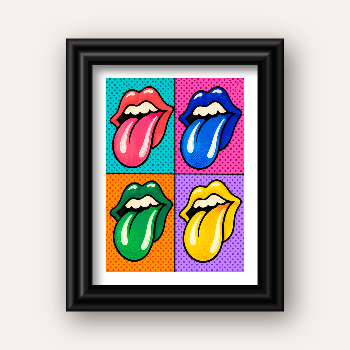 Pop Art Renkli Dudaklar Poster – Canlı ve Eğlenceli Duvar Dekoru — siyah galeri çerçeveli paspartulu