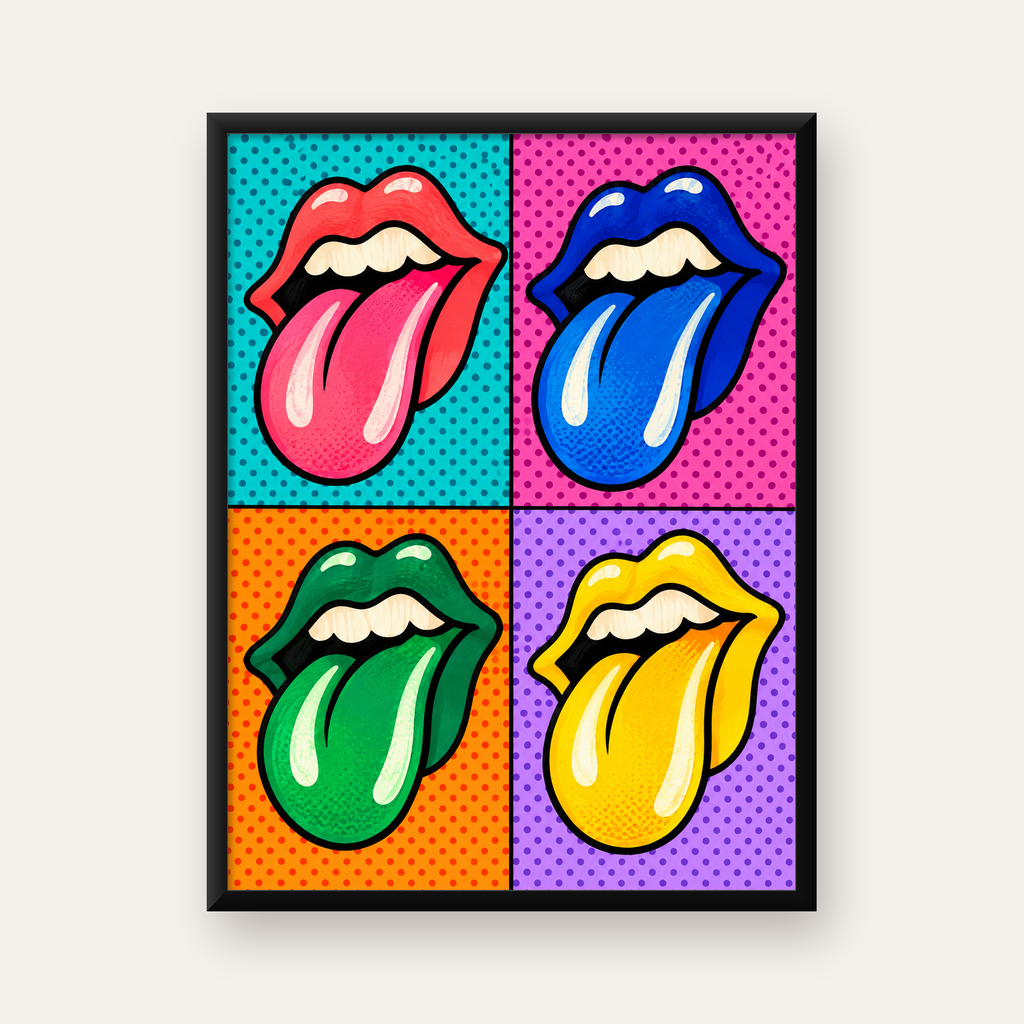 Pop Art Renkli Dudaklar Poster – Canlı ve Eğlenceli Duvar Dekoru — Dikey baskı, düz siyah çerçeveli duvar posteri