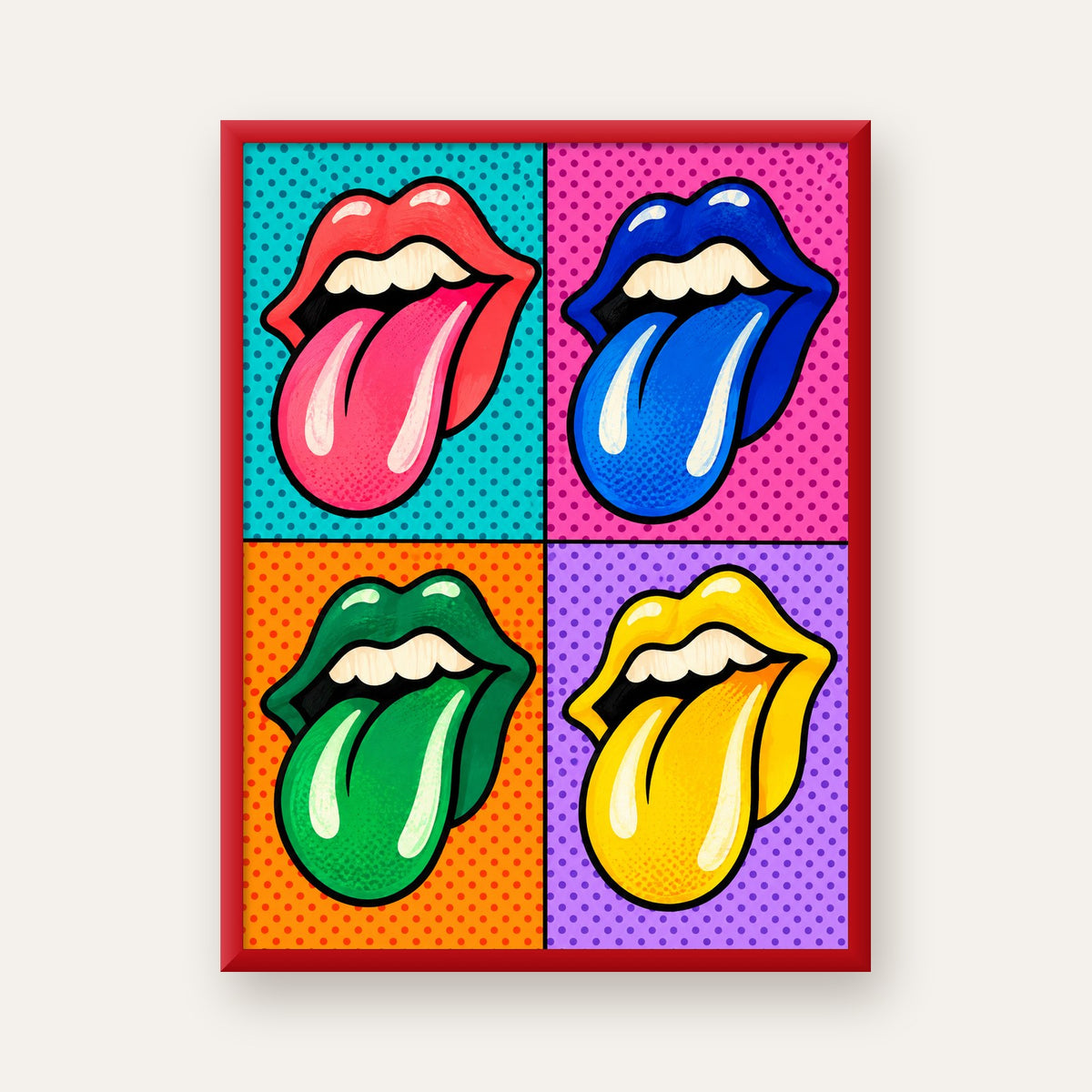 Pop Art Renkli Dudaklar Poster – Canlı ve Eğlenceli Duvar Dekoru — kırmızı çerçeveli