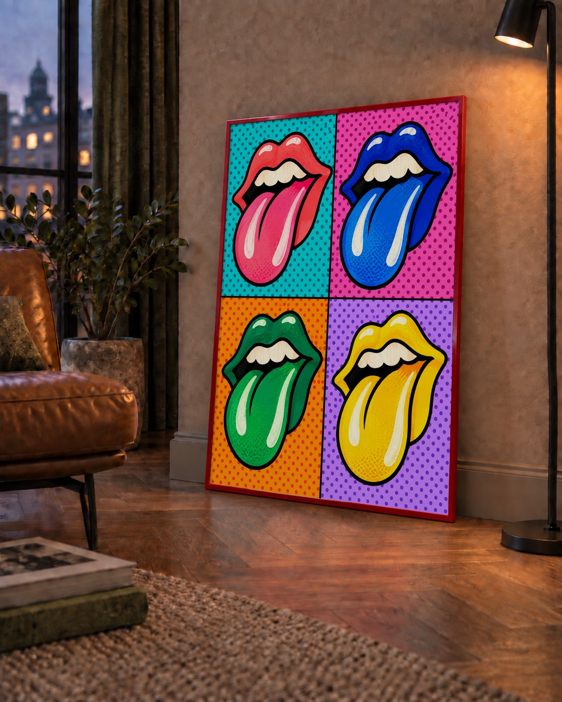 Pop Art Renkli Dudaklar Poster – Canlı ve Eğlenceli Duvar Dekoru — çerçeveli hâliyle bir ev duvarında