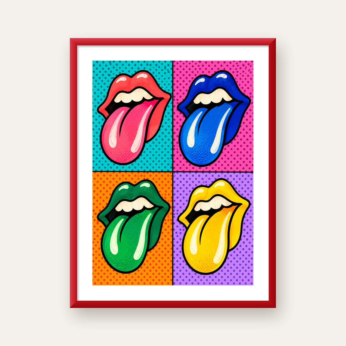 Pop Art Renkli Dudaklar Poster – Canlı ve Eğlenceli Duvar Dekoru — kırmızı çerçeveli paspartulu
