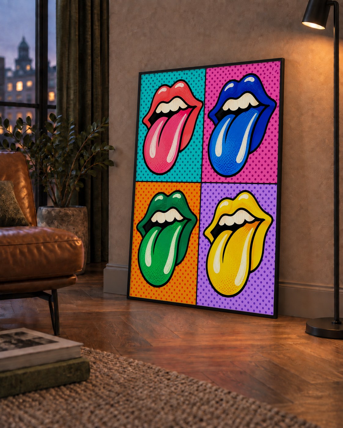 Pop Art Renkli Dudaklar Poster – Canlı ve Eğlenceli Duvar Dekoru — çerçeveli hâliyle bir ev duvarında
