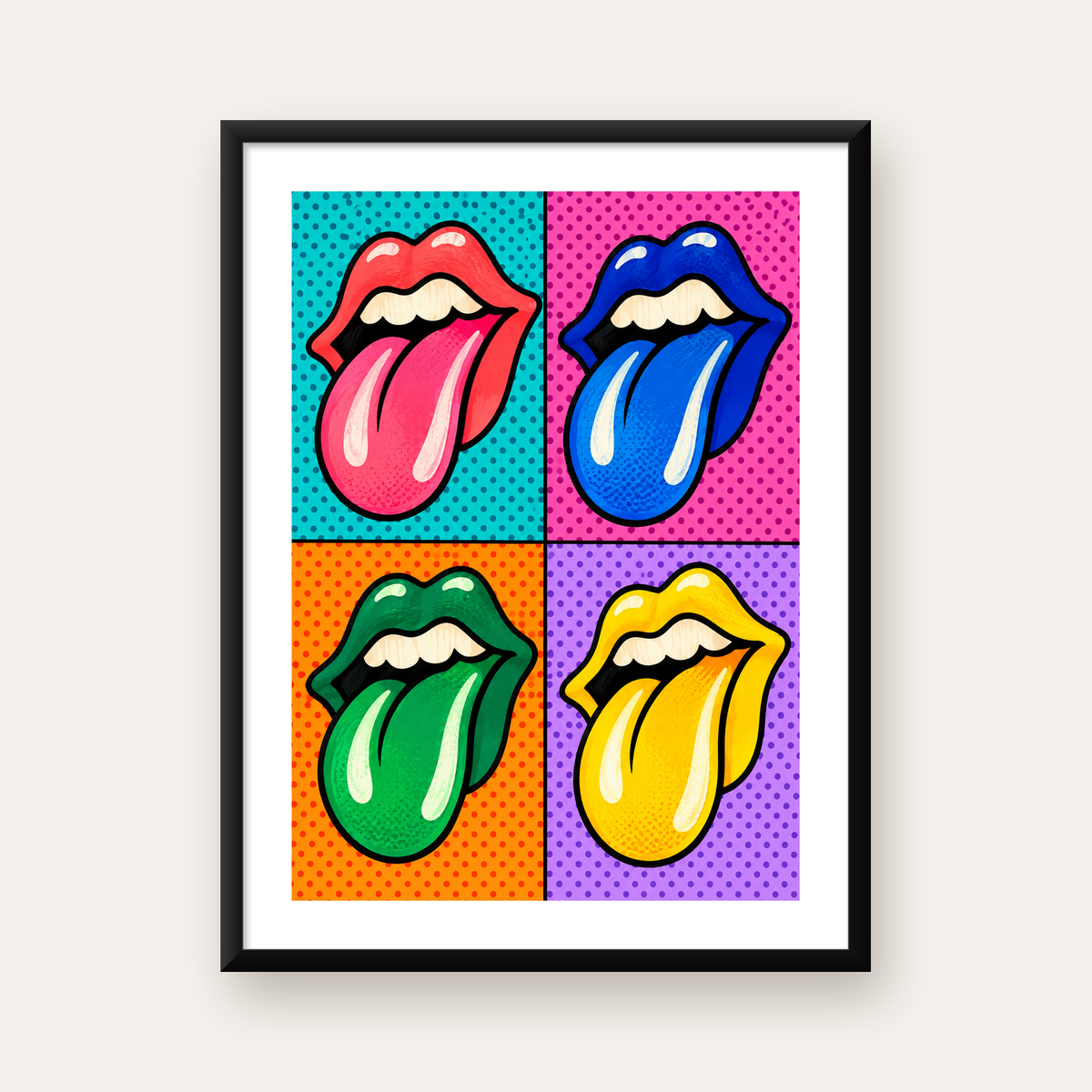 Pop Art Renkli Dudaklar Poster – Canlı ve Eğlenceli Duvar Dekoru — Dikey baskı, beyaz paspartulu
