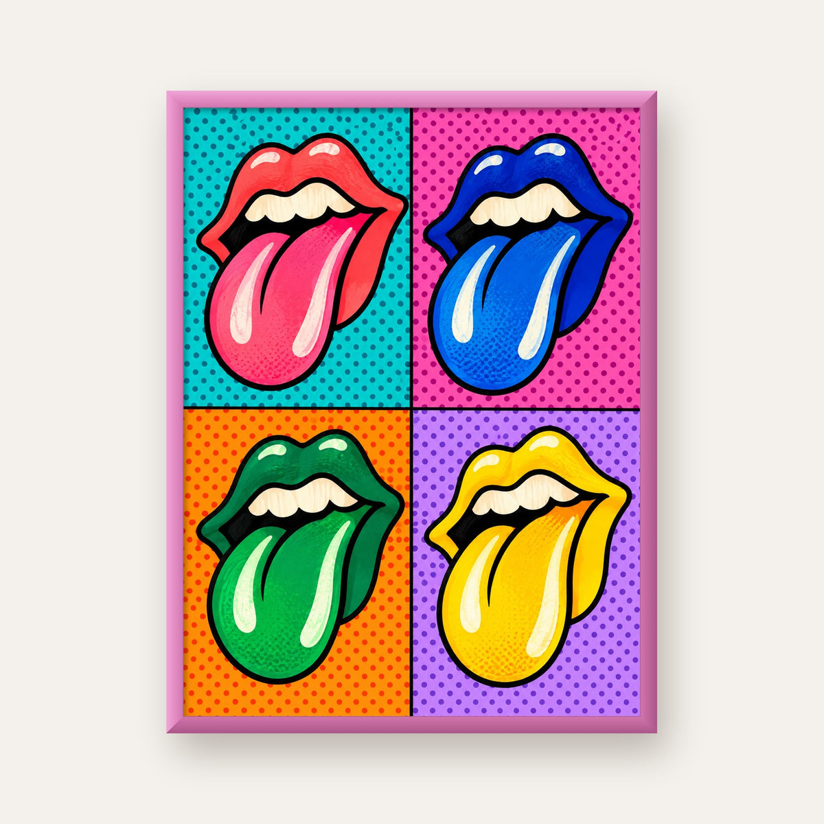 Pop Art Renkli Dudaklar Poster – Canlı ve Eğlenceli Duvar Dekoru — pembe çerçeveli