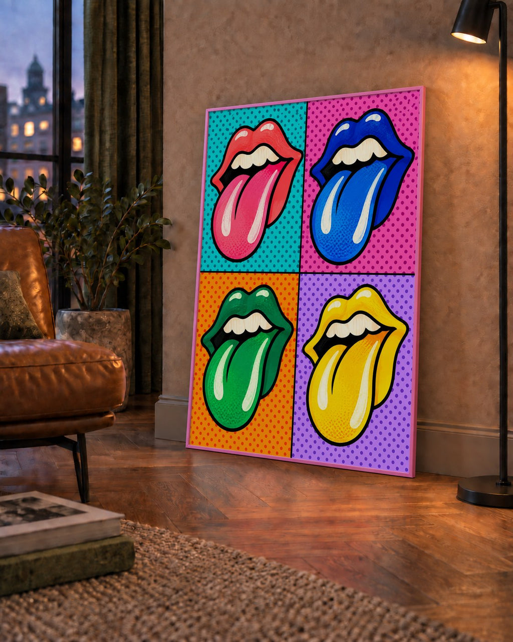 Pop Art Renkli Dudaklar Poster – Canlı ve Eğlenceli Duvar Dekoru — çerçeveli hâliyle bir ev duvarında