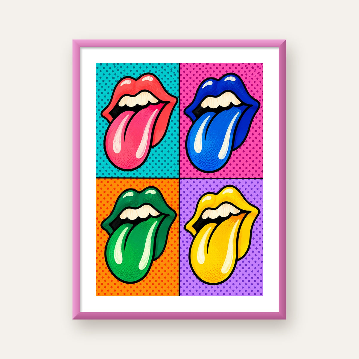 Pop Art Renkli Dudaklar Poster – Canlı ve Eğlenceli Duvar Dekoru — pembe çerçeveli paspartulu