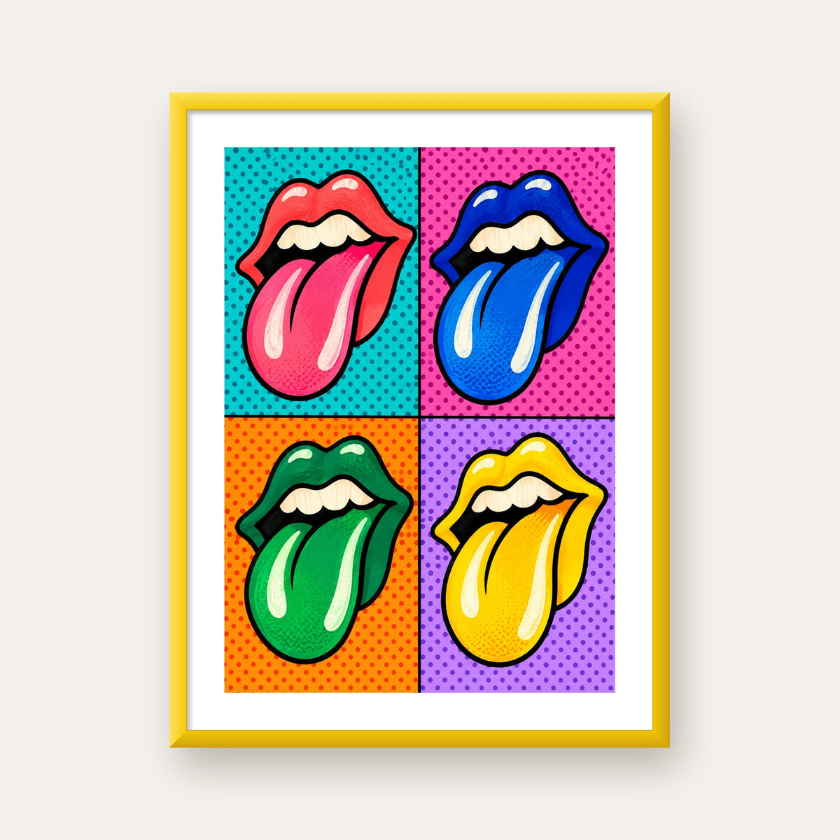 Pop Art Renkli Dudaklar Poster – Canlı ve Eğlenceli Duvar Dekoru — sarı çerçeveli paspartulu