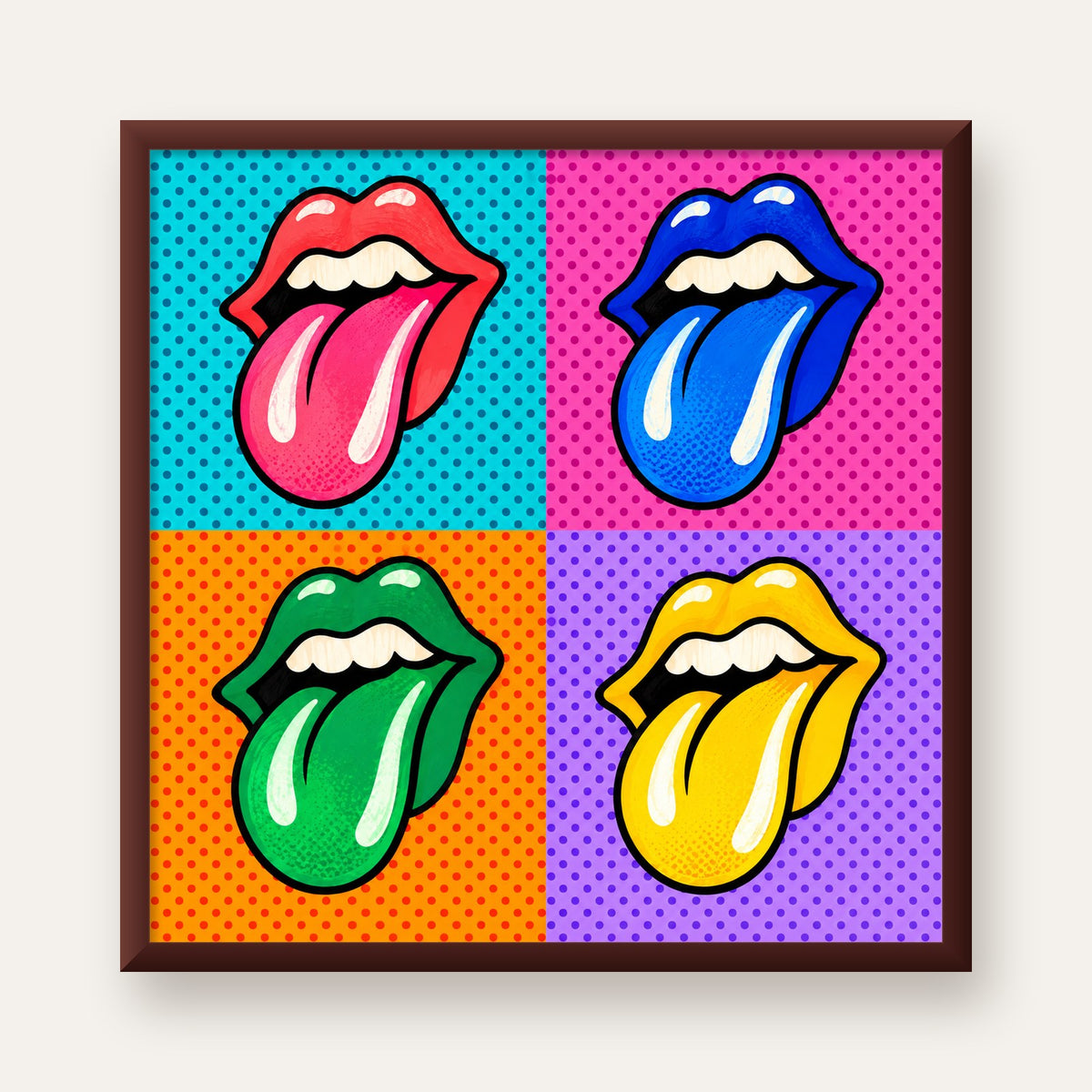 Pop Art Renkli Dudaklar Poster – Canlı ve Eğlenceli Duvar Dekoru — ceviz çerçeveli