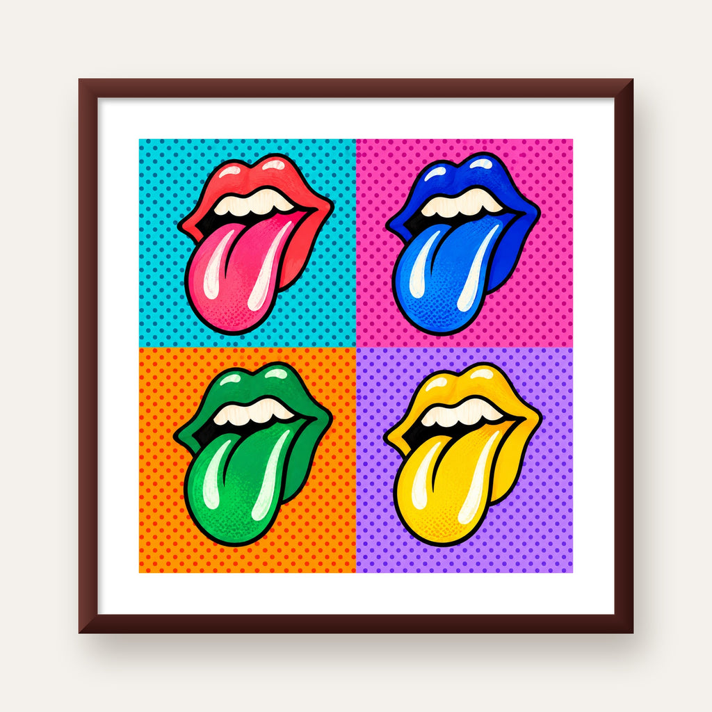 Pop Art Renkli Dudaklar Poster – Canlı ve Eğlenceli Duvar Dekoru — ceviz çerçeveli paspartulu
