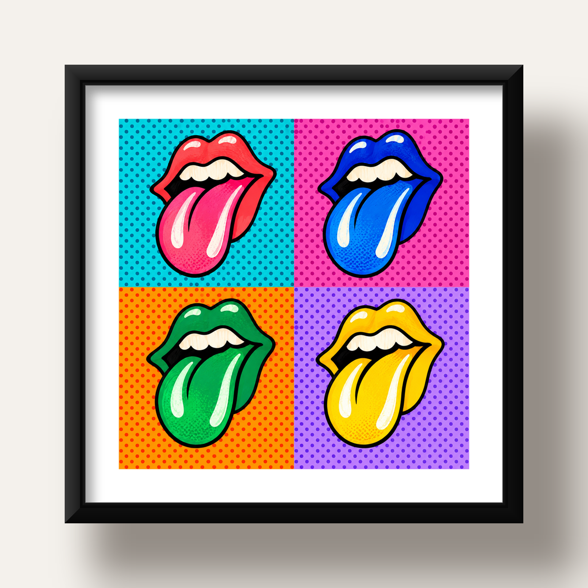 Pop Art Renkli Dudaklar Poster – Canlı ve Eğlenceli Duvar Dekoru — siyah derin çerçeveli paspartulu
