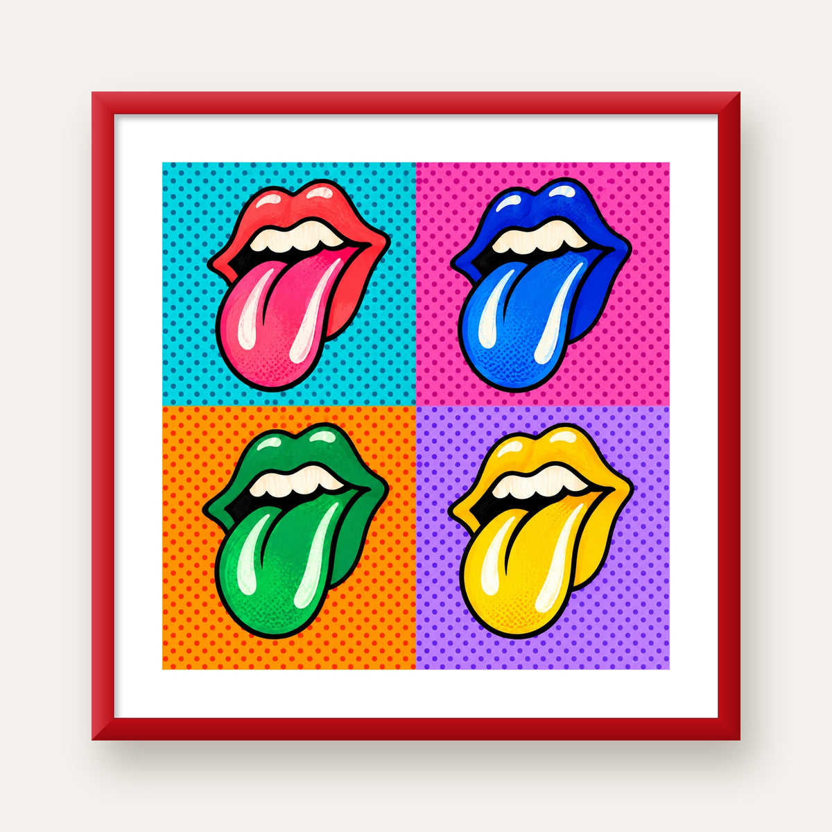 Pop Art Renkli Dudaklar Poster – Canlı ve Eğlenceli Duvar Dekoru — kırmızı çerçeveli paspartulu