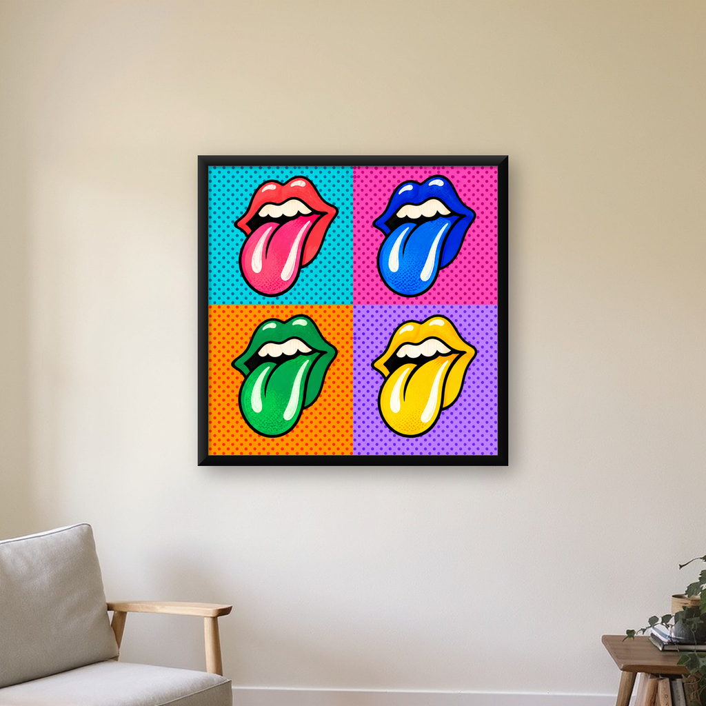 Pop Art Renkli Dudaklar Poster – Canlı ve Eğlenceli Duvar Dekoru — Kare baskı, çerçeveli hâliyle bir ev duvarında
