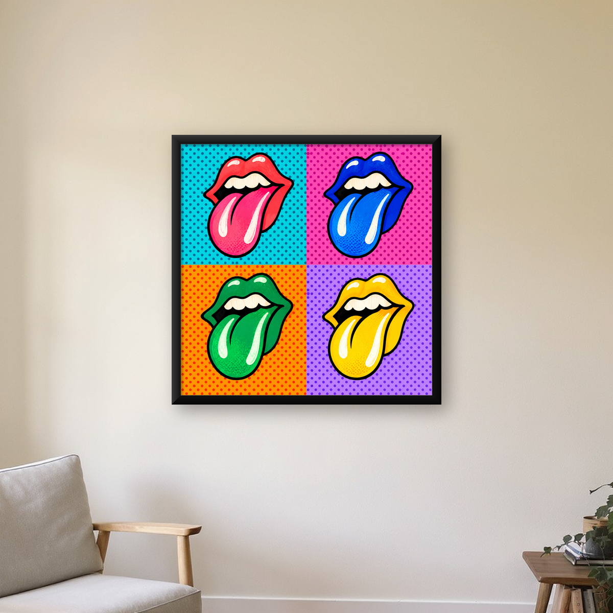 Pop Art Renkli Dudaklar Poster – Canlı ve Eğlenceli Duvar Dekoru — Kare baskı, çerçeveli hâliyle bir ev duvarında