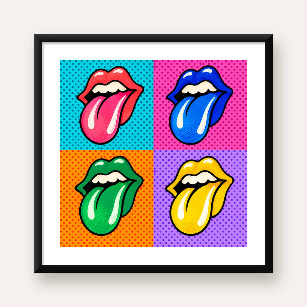 Pop Art Renkli Dudaklar Poster – Canlı ve Eğlenceli Duvar Dekoru — Kare baskı, beyaz paspartulu