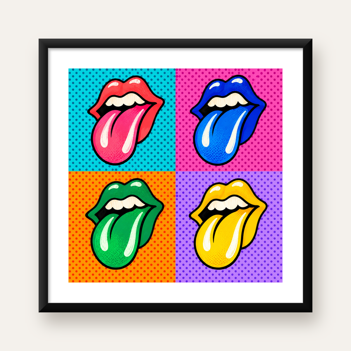 Pop Art Renkli Dudaklar Poster – Canlı ve Eğlenceli Duvar Dekoru — Kare baskı, beyaz paspartulu
