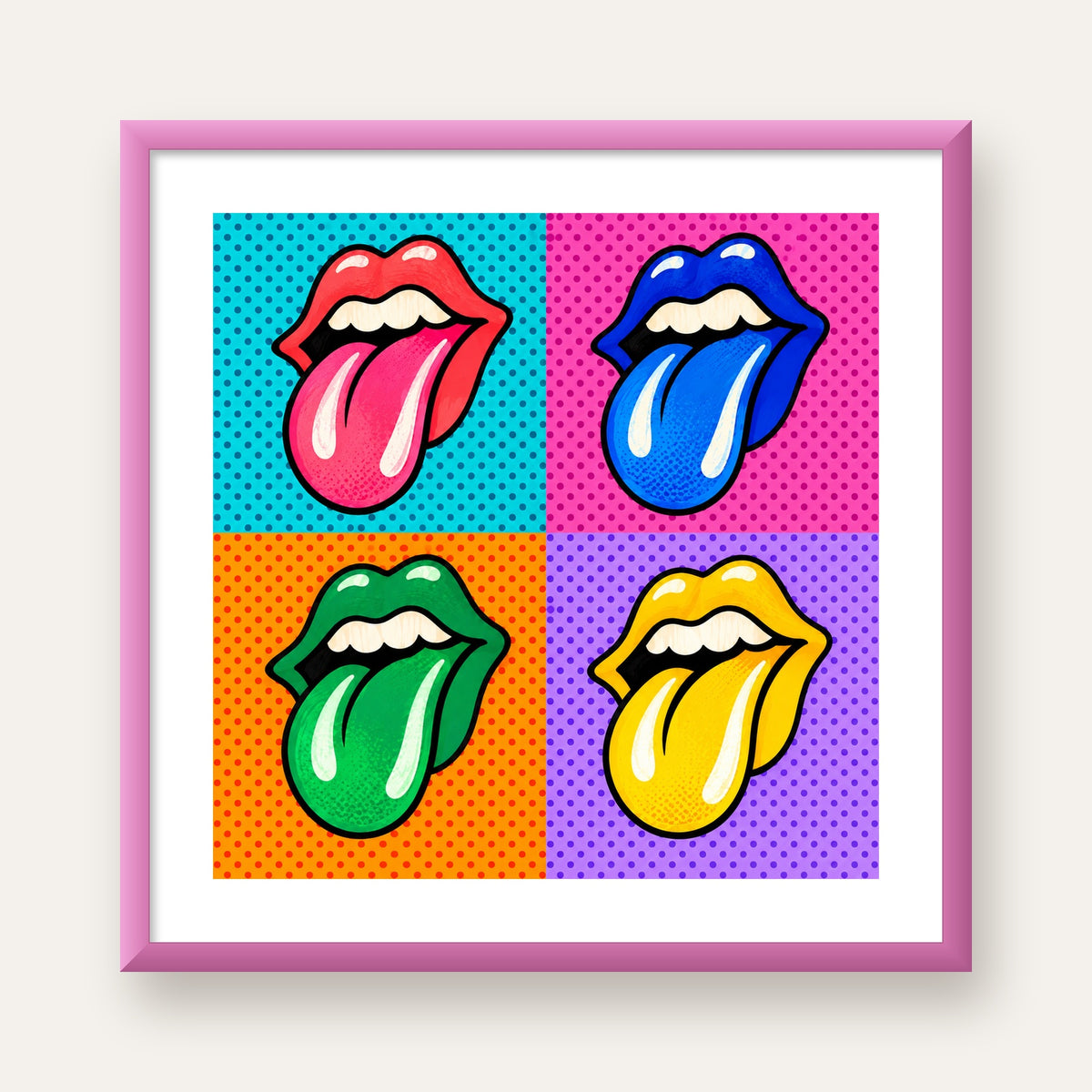 Pop Art Renkli Dudaklar Poster – Canlı ve Eğlenceli Duvar Dekoru — pembe çerçeveli paspartulu