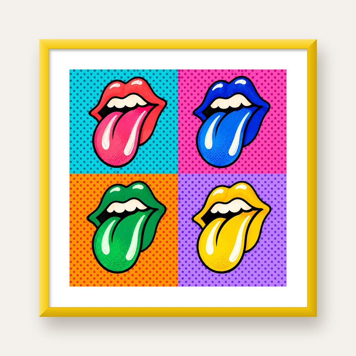 Pop Art Renkli Dudaklar Poster – Canlı ve Eğlenceli Duvar Dekoru — sarı çerçeveli paspartulu