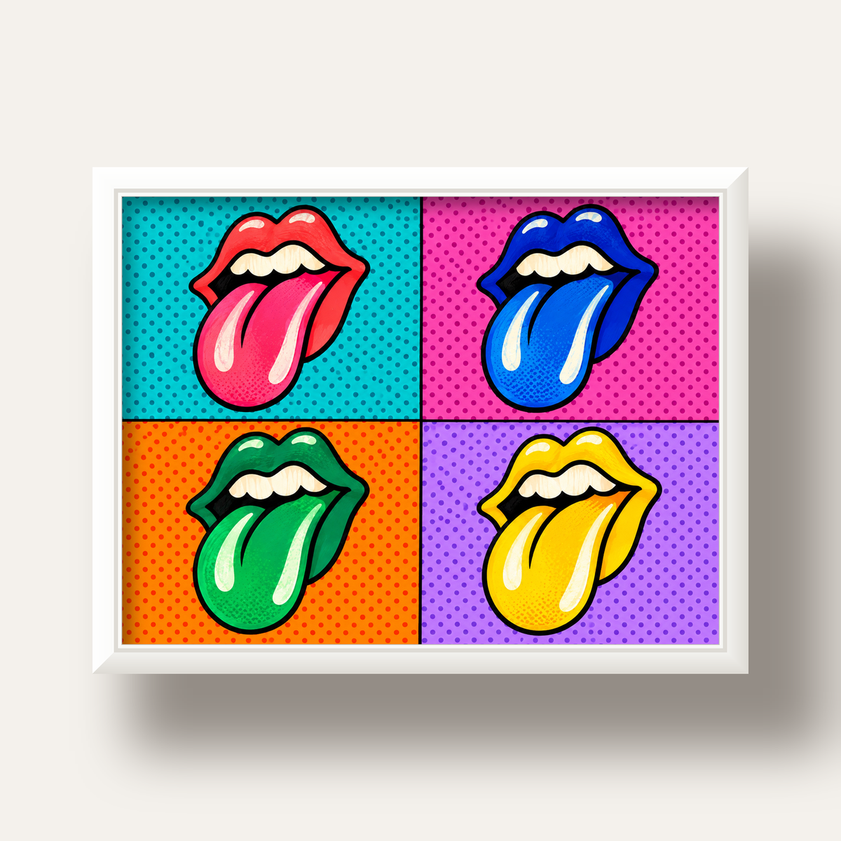 Pop Art Renkli Dudaklar Poster – Canlı ve Eğlenceli Duvar Dekoru — beyaz derin çerçeveli