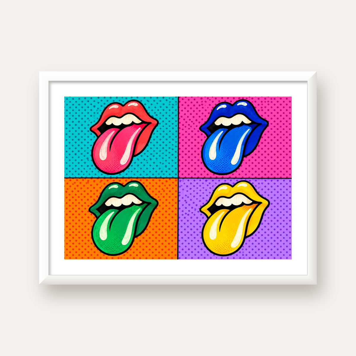 Pop Art Renkli Dudaklar Poster – Canlı ve Eğlenceli Duvar Dekoru — beyaz çerçeveli yatay poster