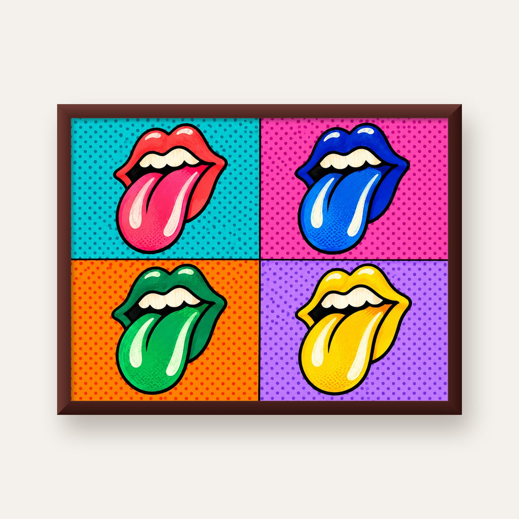 Pop Art Renkli Dudaklar Poster – Canlı ve Eğlenceli Duvar Dekoru — ceviz çerçeveli