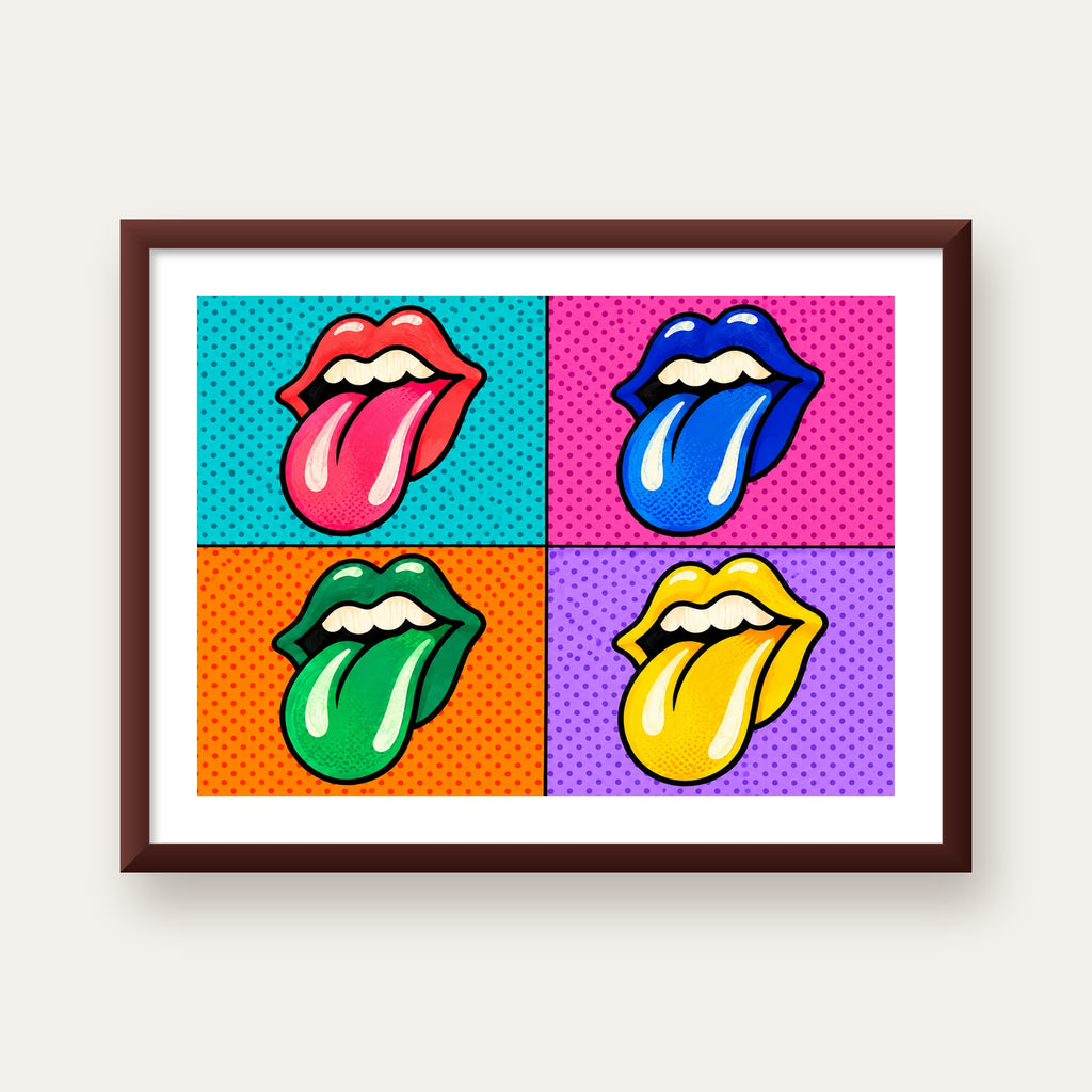 Pop Art Renkli Dudaklar Poster – Canlı ve Eğlenceli Duvar Dekoru — ceviz çerçeveli paspartulu