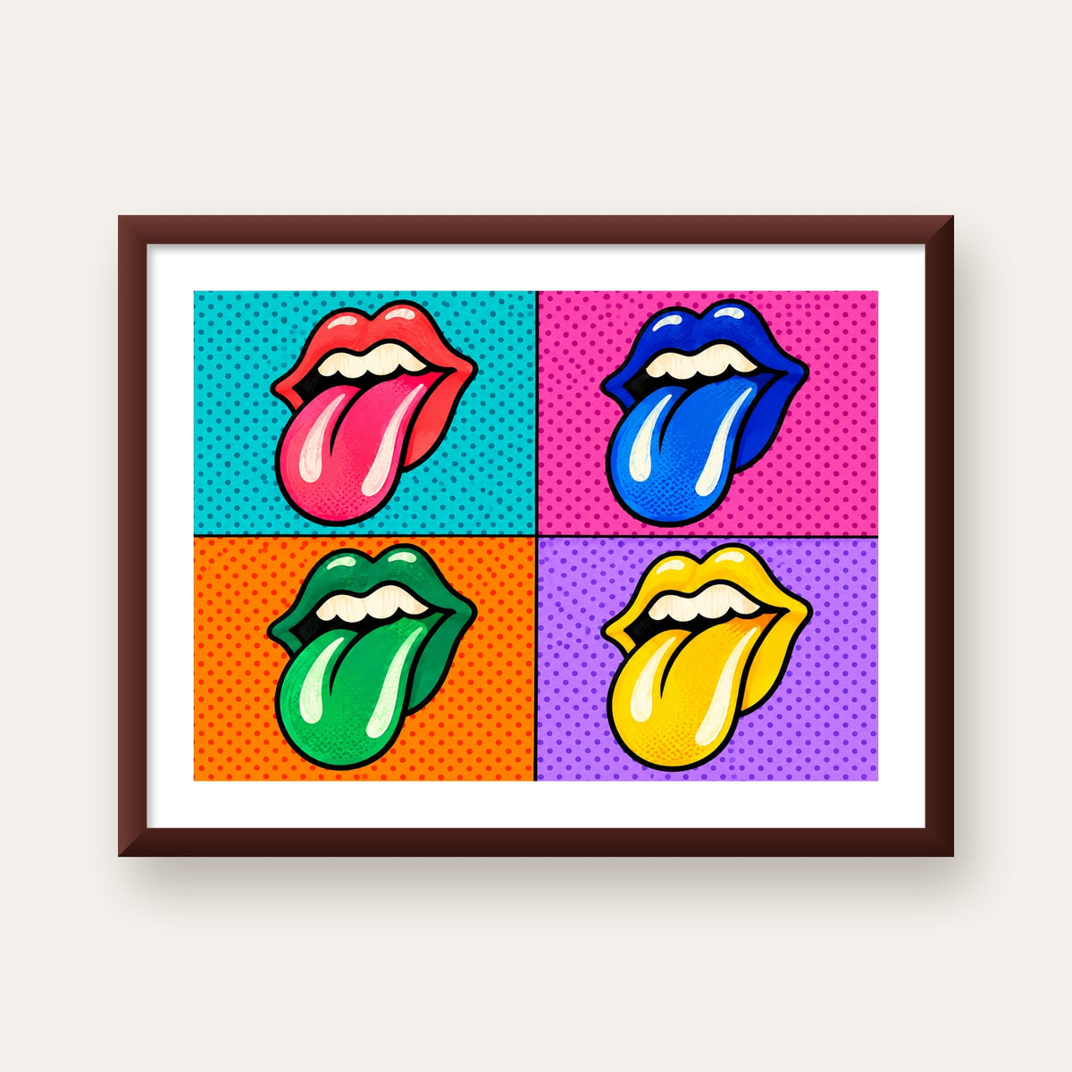 Pop Art Renkli Dudaklar Poster – Canlı ve Eğlenceli Duvar Dekoru — ceviz çerçeveli paspartulu