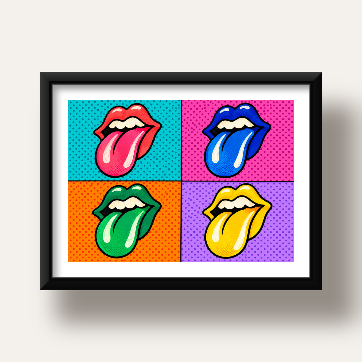 Pop Art Renkli Dudaklar Poster – Canlı ve Eğlenceli Duvar Dekoru — siyah derin çerçeveli paspartulu