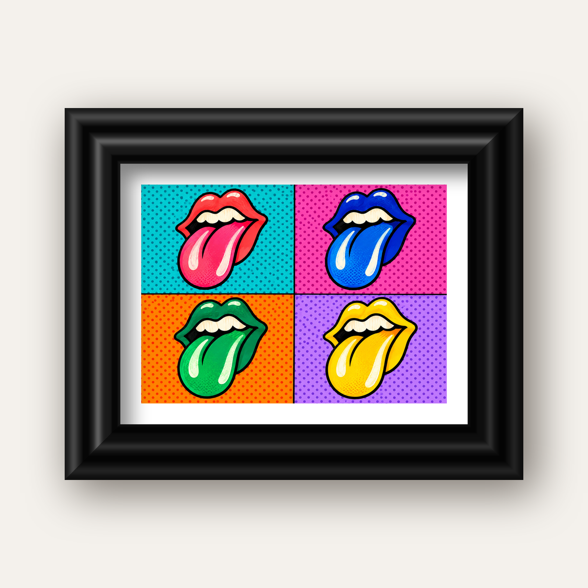 Pop Art Renkli Dudaklar Poster – Canlı ve Eğlenceli Duvar Dekoru — siyah galeri çerçeveli paspartulu