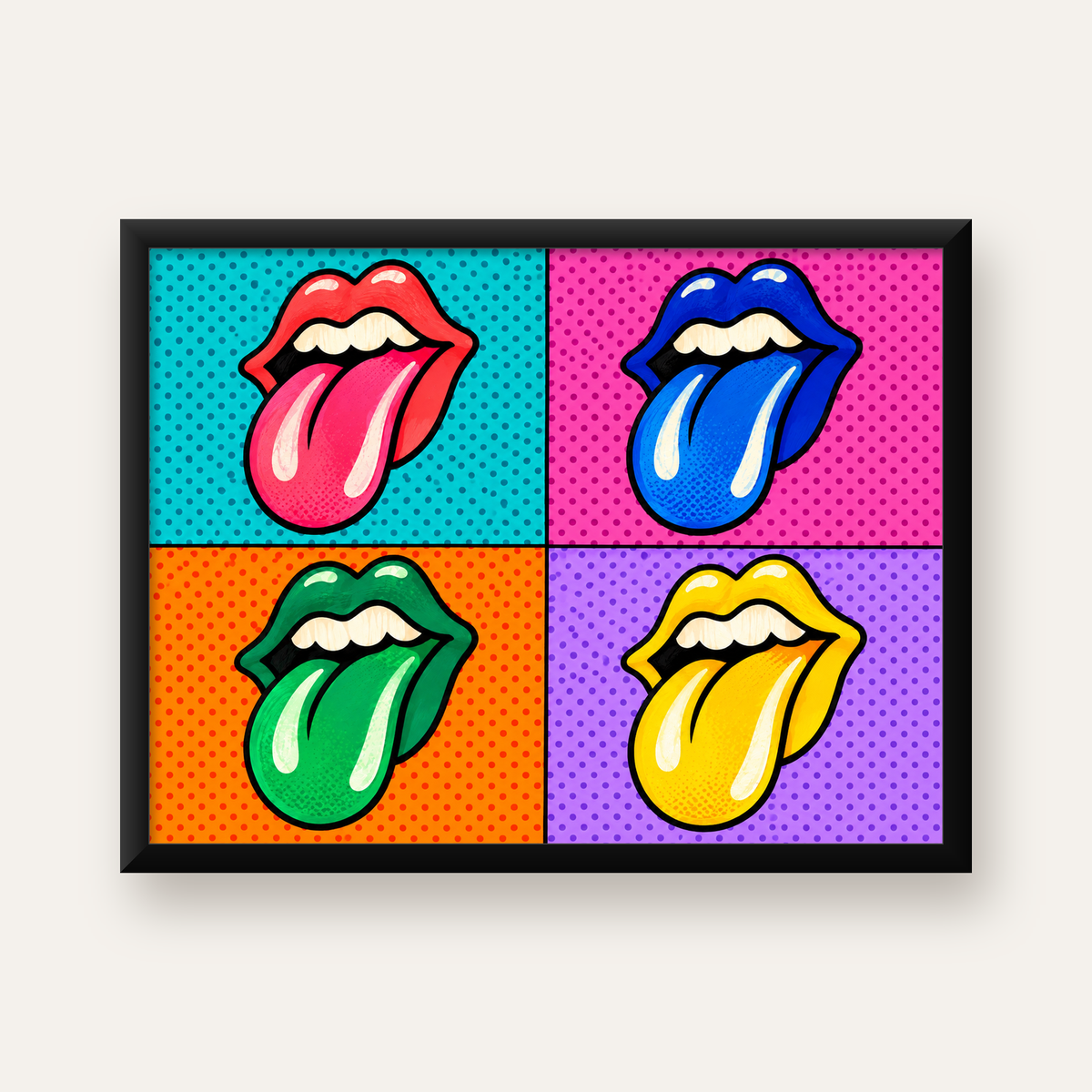 Pop Art Renkli Dudaklar Poster – Canlı ve Eğlenceli Duvar Dekoru — Yatay baskı, düz siyah çerçeveli duvar posteri