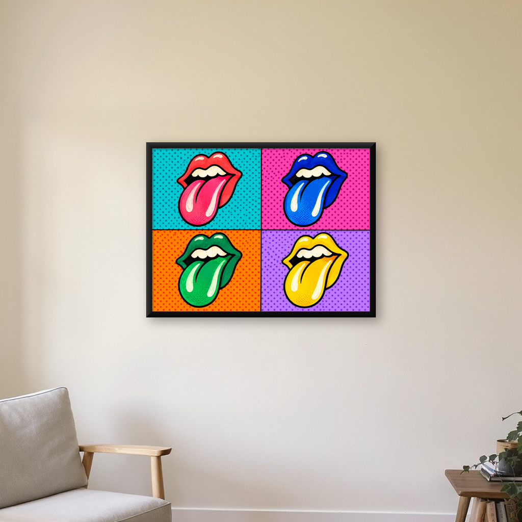 Pop Art Renkli Dudaklar Poster – Canlı ve Eğlenceli Duvar Dekoru — Yatay baskı, çerçeveli hâliyle bir ev duvarında