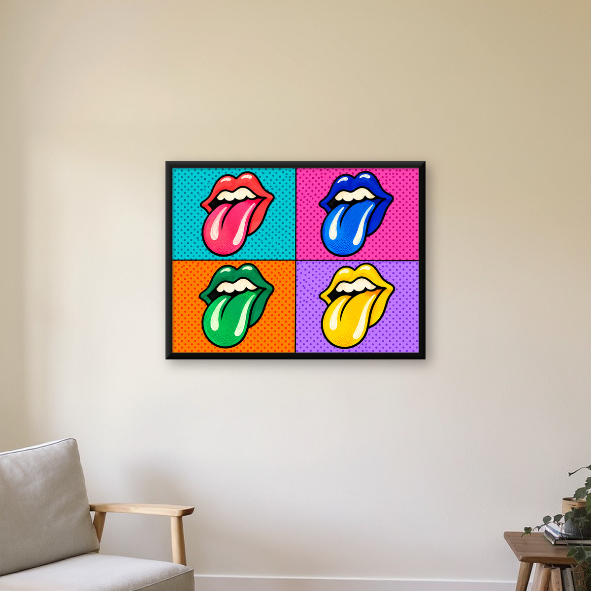 Pop Art Renkli Dudaklar Poster – Canlı ve Eğlenceli Duvar Dekoru — Yatay baskı, çerçeveli hâliyle bir ev duvarında