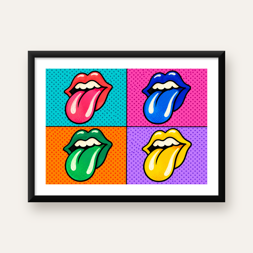 Pop Art Renkli Dudaklar Poster – Canlı ve Eğlenceli Duvar Dekoru — Yatay baskı, beyaz paspartulu