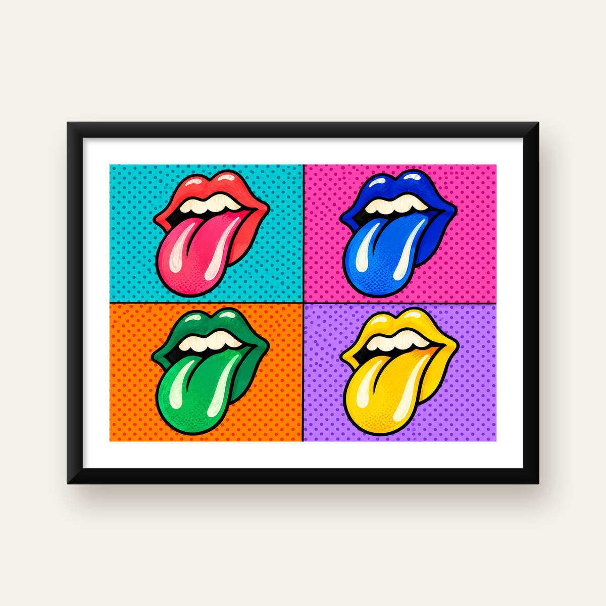 Pop Art Renkli Dudaklar Poster – Canlı ve Eğlenceli Duvar Dekoru — Yatay baskı, beyaz paspartulu