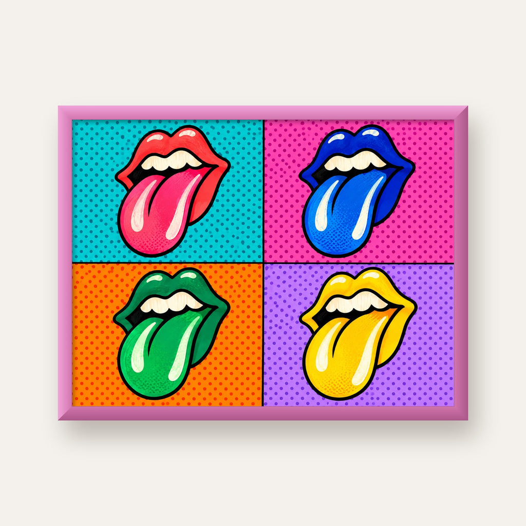 Pop Art Renkli Dudaklar Poster – Canlı ve Eğlenceli Duvar Dekoru — pembe çerçeveli