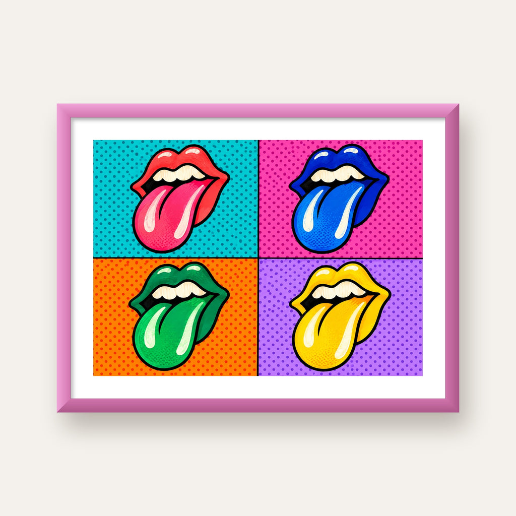 Pop Art Renkli Dudaklar Poster – Canlı ve Eğlenceli Duvar Dekoru — pembe çerçeveli paspartulu