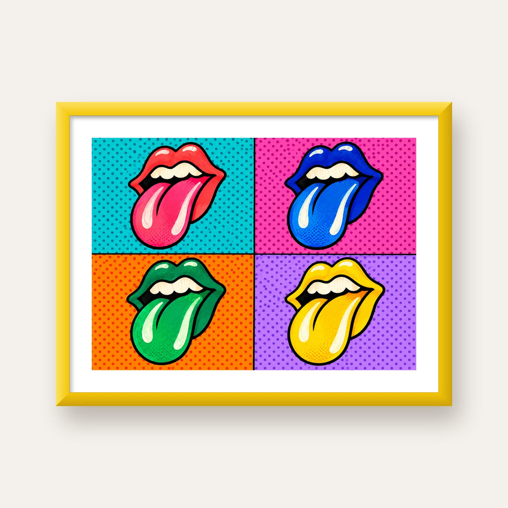 Pop Art Renkli Dudaklar Poster – Canlı ve Eğlenceli Duvar Dekoru — sarı çerçeveli paspartulu
