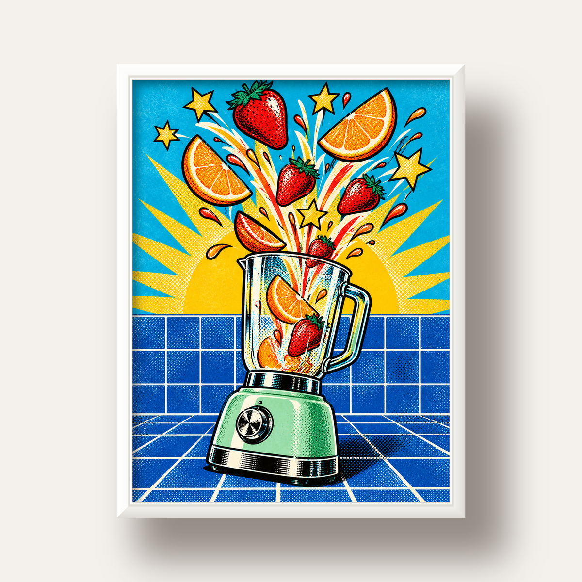 Retro Renkli Mutfak Blenderi Çizgi Roman Poster — beyaz derin çerçeveli